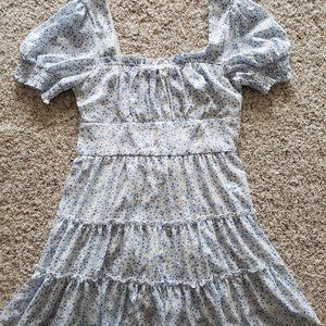 White and Blue Floral Mini Ruffle Dress
